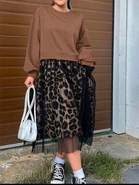 Brown Leopard Print Mesh Midi Skirt with attached to sweatshirt. All one piece